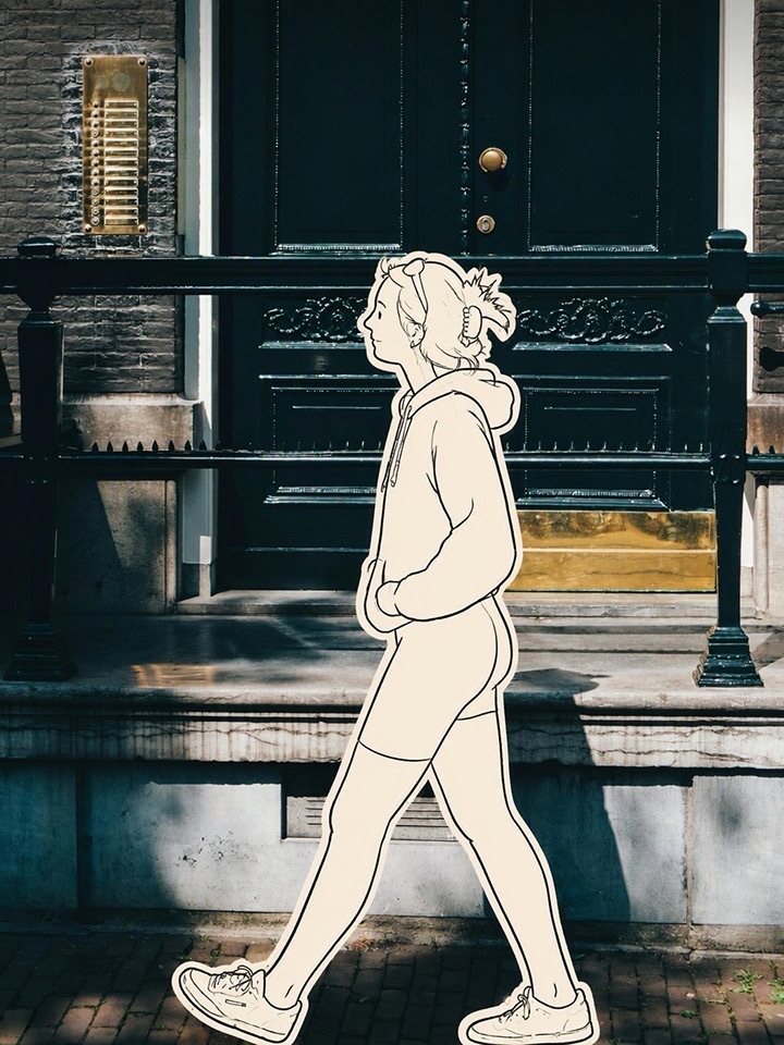 Doodle AI film: the woman becomes a line drawing against the real street